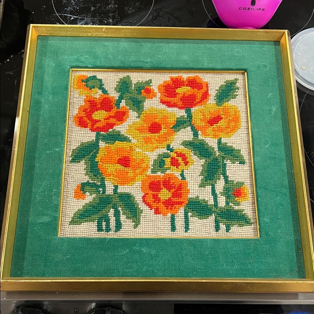 Vintage antique Floral Needlepoint Art in Gold Frame 14x14 velvet border